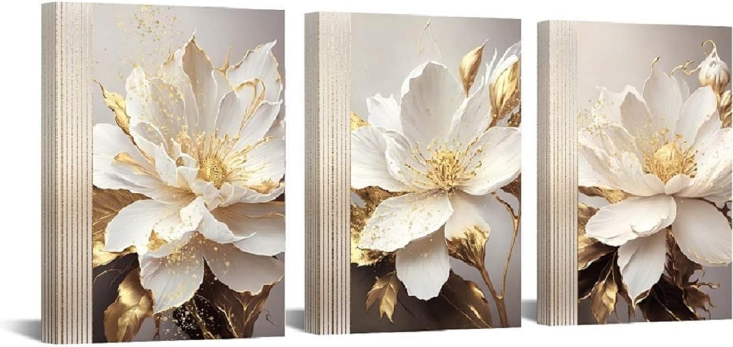 Yxbhhym Bathroom Wall Art White Flower Canvas Wall Art for Living Room Bedroom Wall Decor Floral Picture for Kitchen Hallway Home Decorations Framed Posters Prints 3 Piece