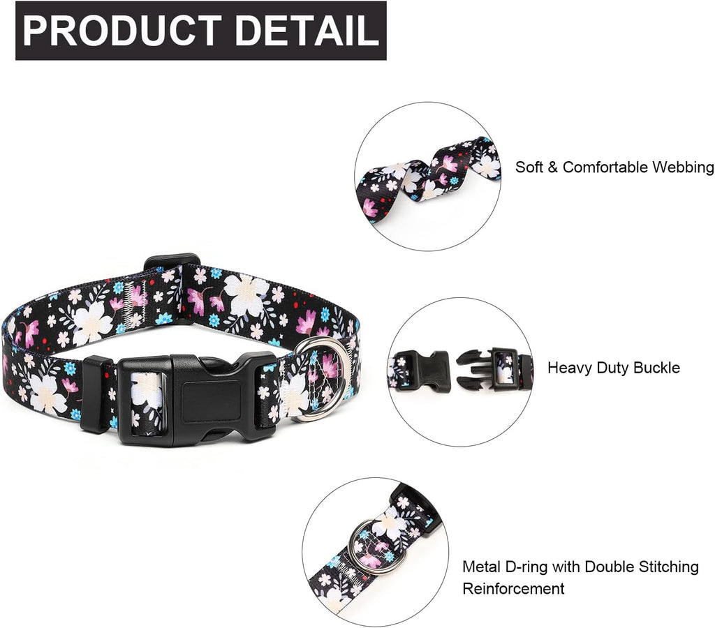 Mercano Adjustable Dog Collar - Special Design Patterns, Soft Nylon Comfortable Sturdy Pet Collar for Small Medium Large Dogs (M, Floral White)