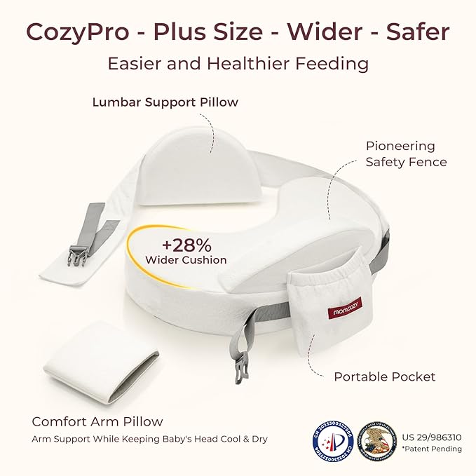 Momcozy CozyPro Nursing Pillow - All Around Lumbar & Arm Support - Safety Fence, Firm & Springy Memory Foam-Stable, Ergonomic Support, Easier Breastfeeding, Wider Cushion, Adjustable, Removable Cover