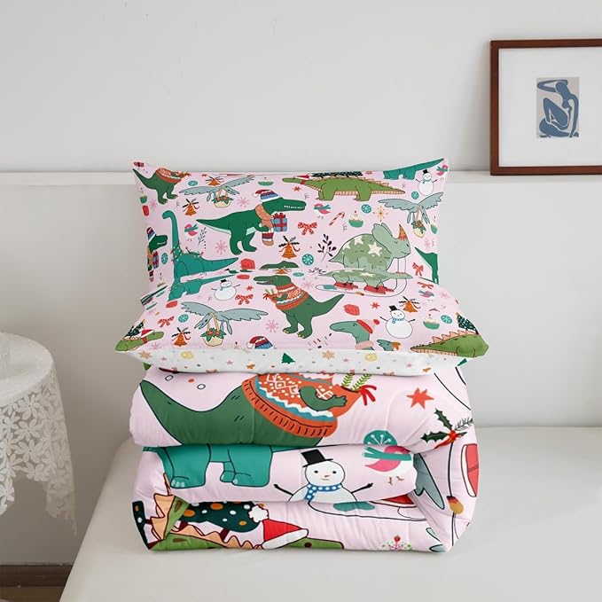 Feelyou Christmas Pink Comforter Set Queen Size for Kids Boys Girls Cartoon Xmas Dinosaur Bedding Set Snowman New Year Decorations Bedroom Quilt Set