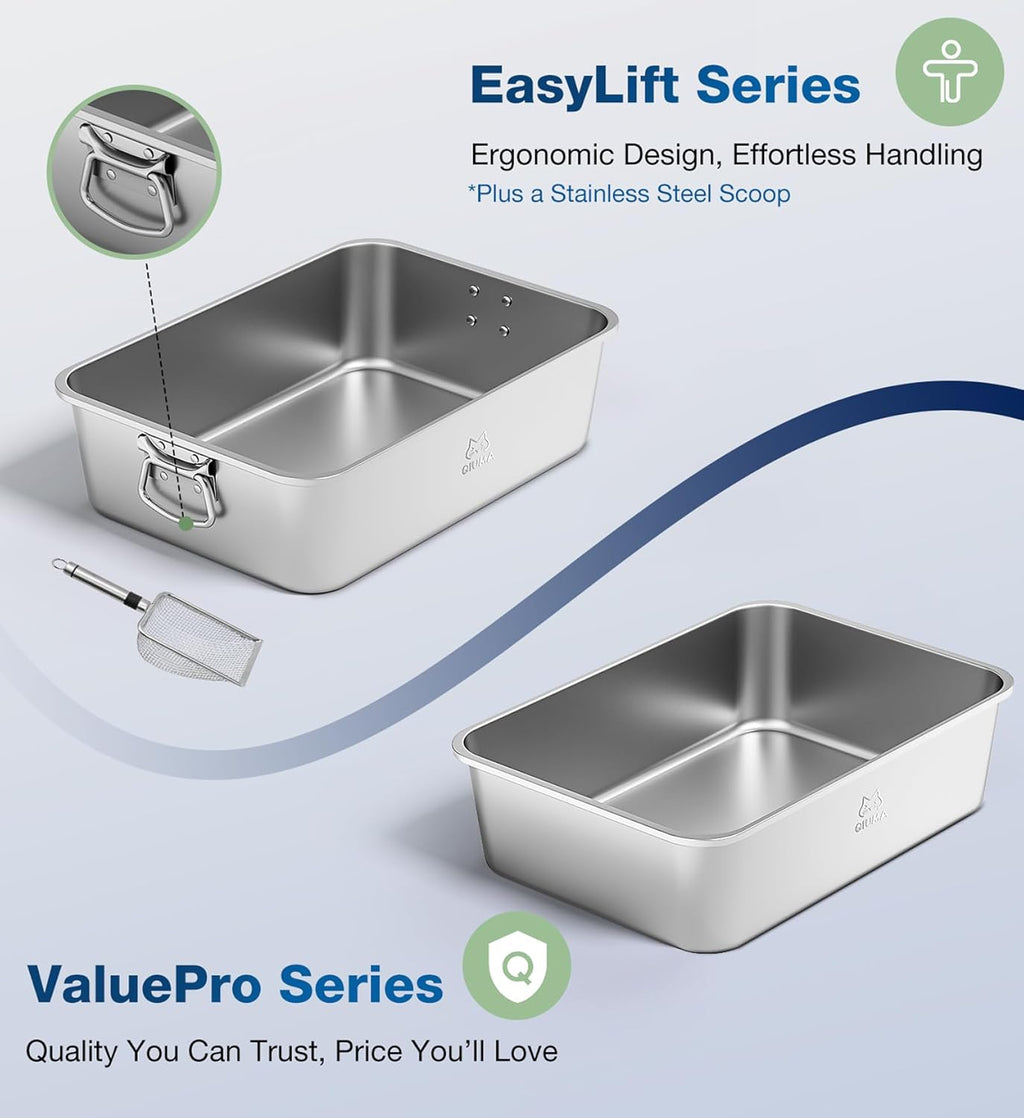 Stainless Steel Litter Box with Handle, Large Metal Cat Litter Box with High Sided for Big and Small Cats, Kitty Litter Boxes, Non-Stick, Easy to Clean, Odor-Free, Cat Toilet，Litterbox