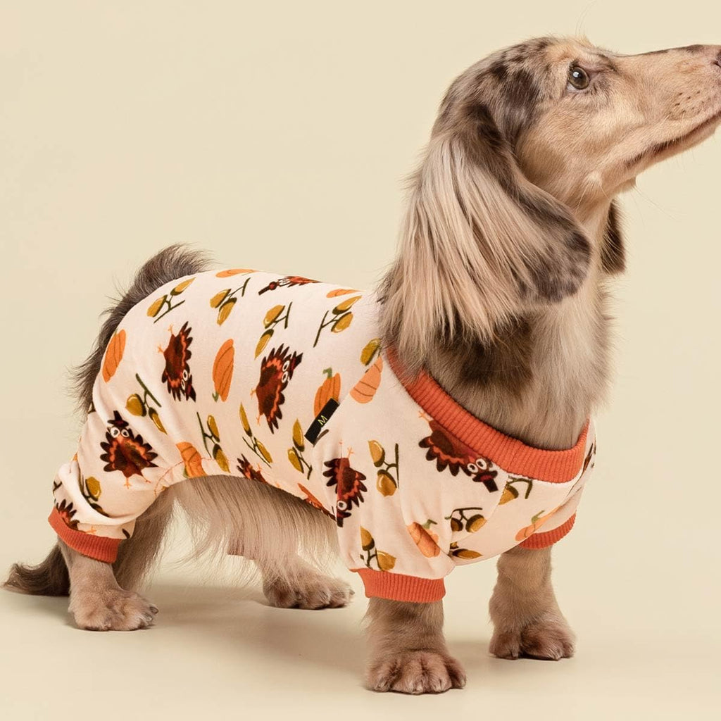 Fitwarm Thanksgiving Turkey Dog Pajamas, Funny Dog Winter Clothes for Small Dogs Girl Boy, Pet Jumpsuit, Cat Onesie with Feet, Lightweight Velvet, Orange, Small