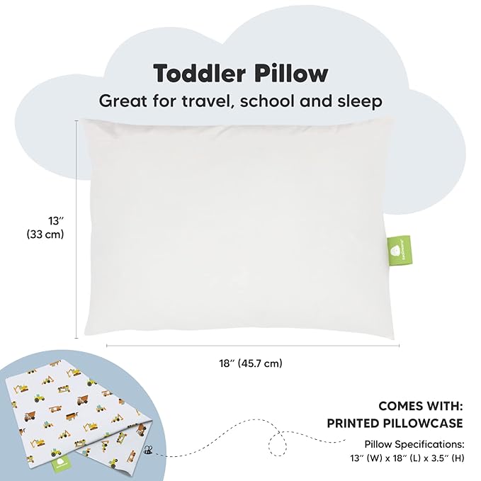 Toddler Pillow with Pillowcase - 13x18 My Little Dreamy Kids Travel Bed Pillows for Sleeping, Organic Cotton Small Pillowcase, Soft & Breathable, Machine Washable, Toddlers 2-5 years old(Construction)