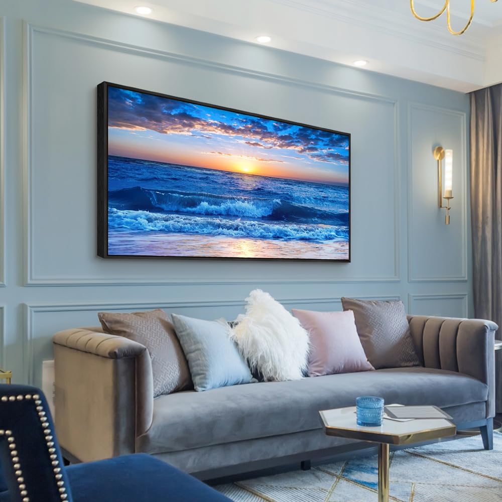 Wapluam Black Framed Canvas Wall Art For Living Room Large Wall Decor For Bedroom Office Wall Decorations Blue Ocean Beach Wall Painting Sunny Sea View Wave Wall Pictures Artwork Room Home Decor