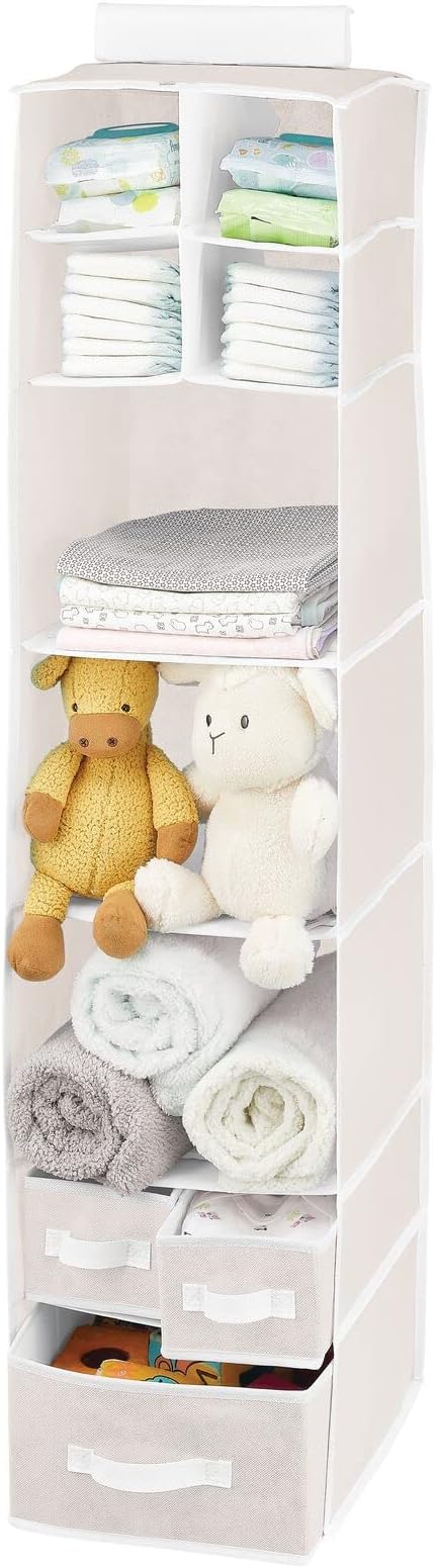 mDesign Fabric Hanging Organizer - Over Closet Rod Storage - 7 Shelves/3 Removable Drawers for Baby Nursery Bedroom Organization, Hold Clothes, Linens, Toys, Accessories, Jane Collection, Cream/White