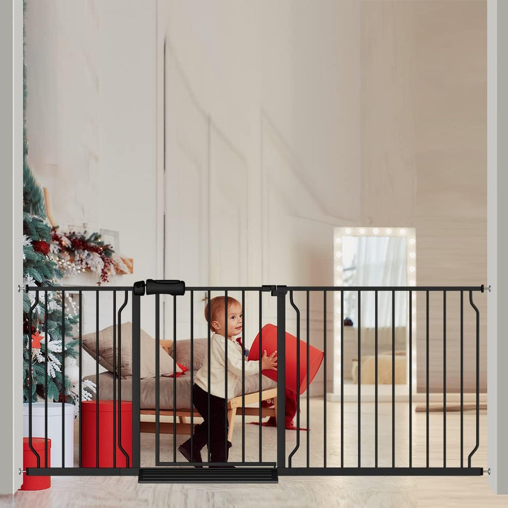 Extra Wide Baby Gate 71.6-76.37 Inch Black, Walk Through Pressure Mounted No Drill Long Large Tension Metal Gate for Dog and Toddler