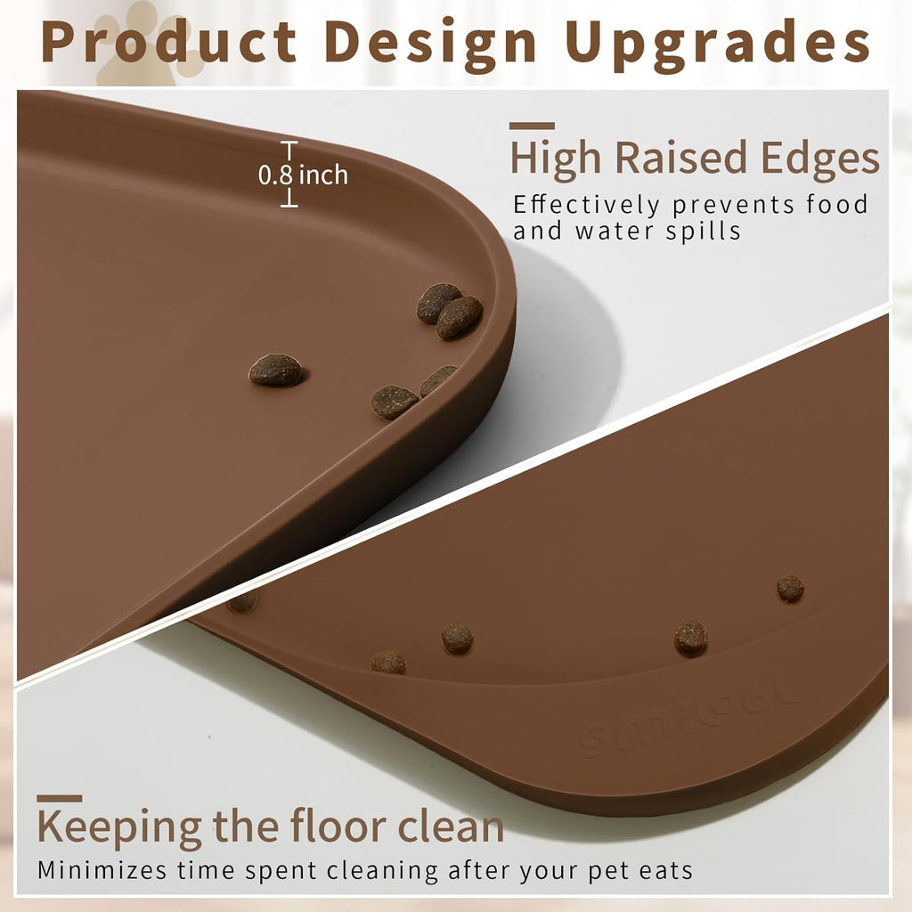Silicone Pet Feeding Mat with Raised Edge & Residue Collection Pocket for Food and Water, Dog Bowl Mats, Cat Bowls Placemat with High Lip for Floor Waterproof, 22 x 14 x 0.8 Brown