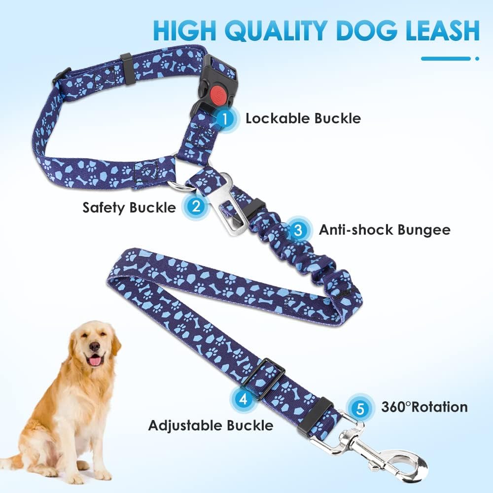 SlowTon Dog Seat Belt for Car, 2 Pack Dog Car Harness Seatbelt Adjustable with Elastic Bungee Buffer, 2 in 1 Pet Car Leash Headrest Restraint Dog Reflective Safety Tether (Blue Paw, Headrest+Clip)