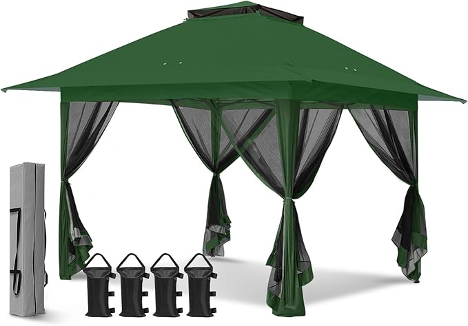 EAGLE PEAK 13x13 Pop Up Gazebo with Mesh Netting, Easy Up Screened Canopy for Patio and Backyard, Easy Set up Outdoor Gazebo (Green)