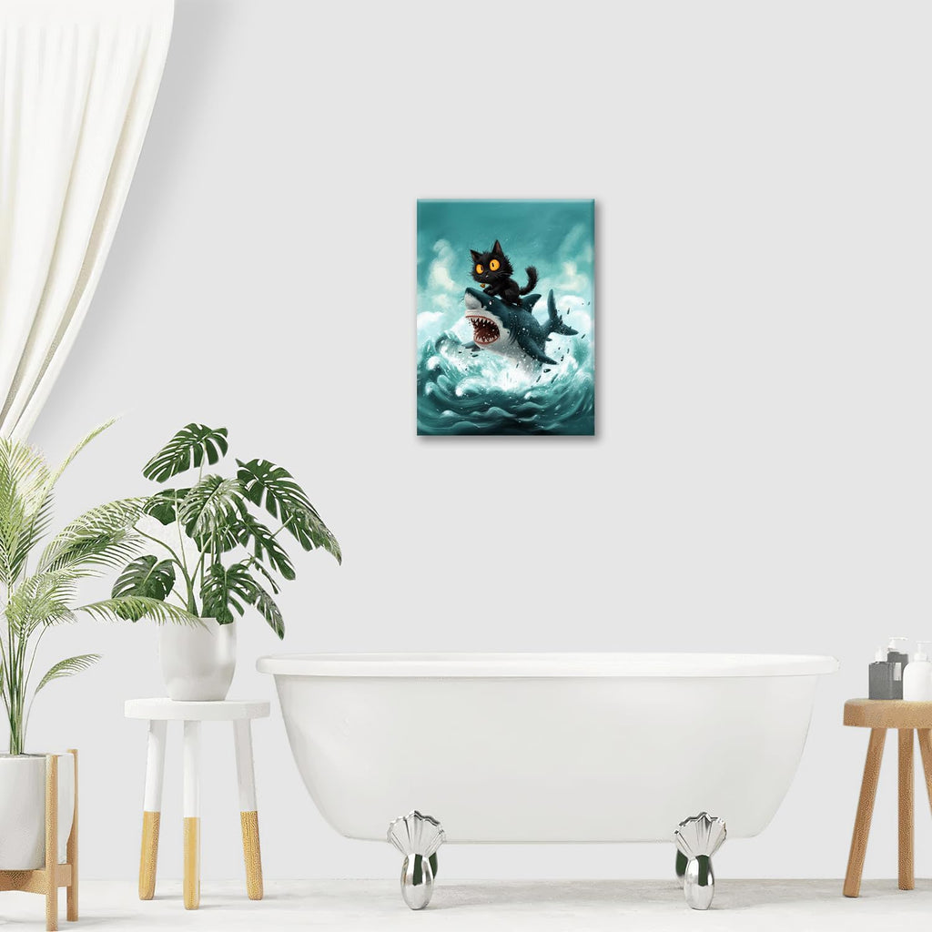 Funny Black Cat Bathroom Wall Art Cute Cat Riding Shark Canvas Wall Decor Animal Kitten Pictures Painting Print Artwork Framed Decorations Gifts for Cat Lover Kids Room Bedroom 12"x16"