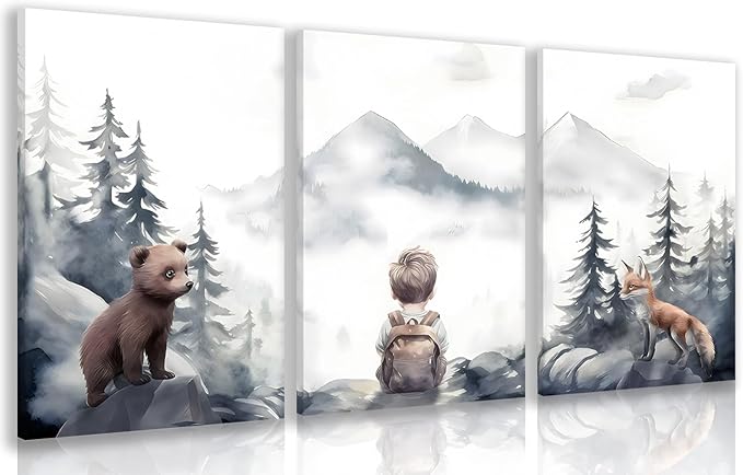 Cyebmo Framed Woodland Boy Nursery Wall Art Set of 3, Whimsical Boy Adventure Wall Decor, Mountain Forest Animal Bear Fox Wrapped Canvas Artwork for Classroom Kids Room Baby Nursery 12"x16"x3