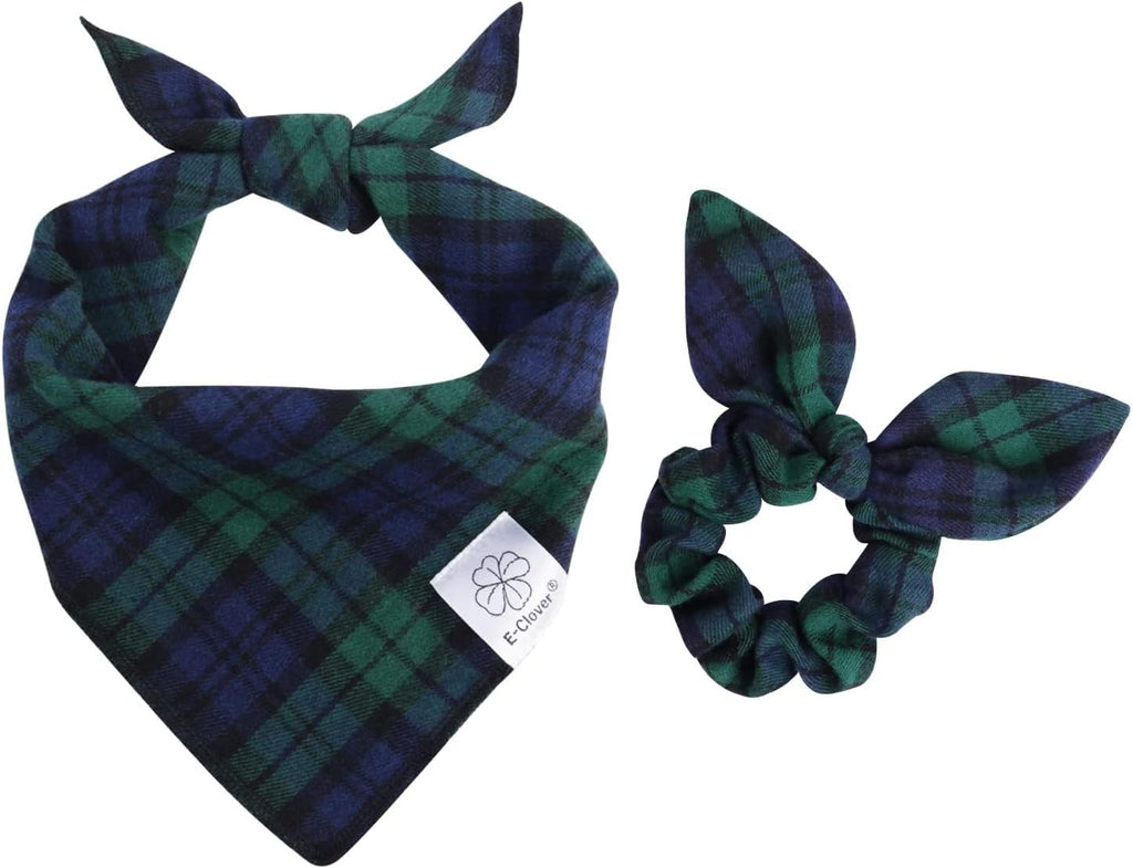 E-Clover Dog Bandanas Boy & Matching Scrunchie Set Plaid Dog Scarf Kerchief for Medium Large Dog Pet Bandana Owner Gifts Blue Green Fall