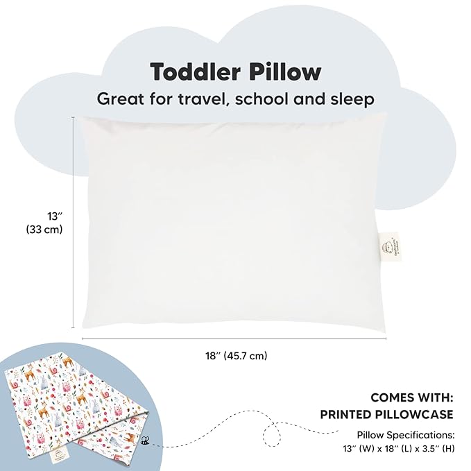 Toddler Pillow with Pillowcase - 13x18 My Little Dreamy Kids Travel Bed Pillows for Sleeping, Organic Cotton Small Pillowcase, Soft & Breathable, Machine Washable, Toddlers 2-5 Years Old (Forestland)