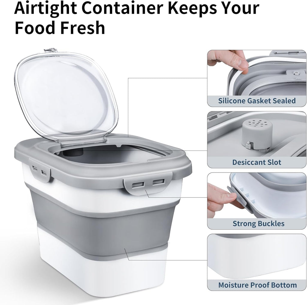 Rice Storage Container, Collapsible Airtight Food Storage Containers 6-20 Lbs, Rice Dispenser with Measuring Cup and Small Bin for Flour Cereal Pasta Grain, Cat Pet Dog Bird Food Container