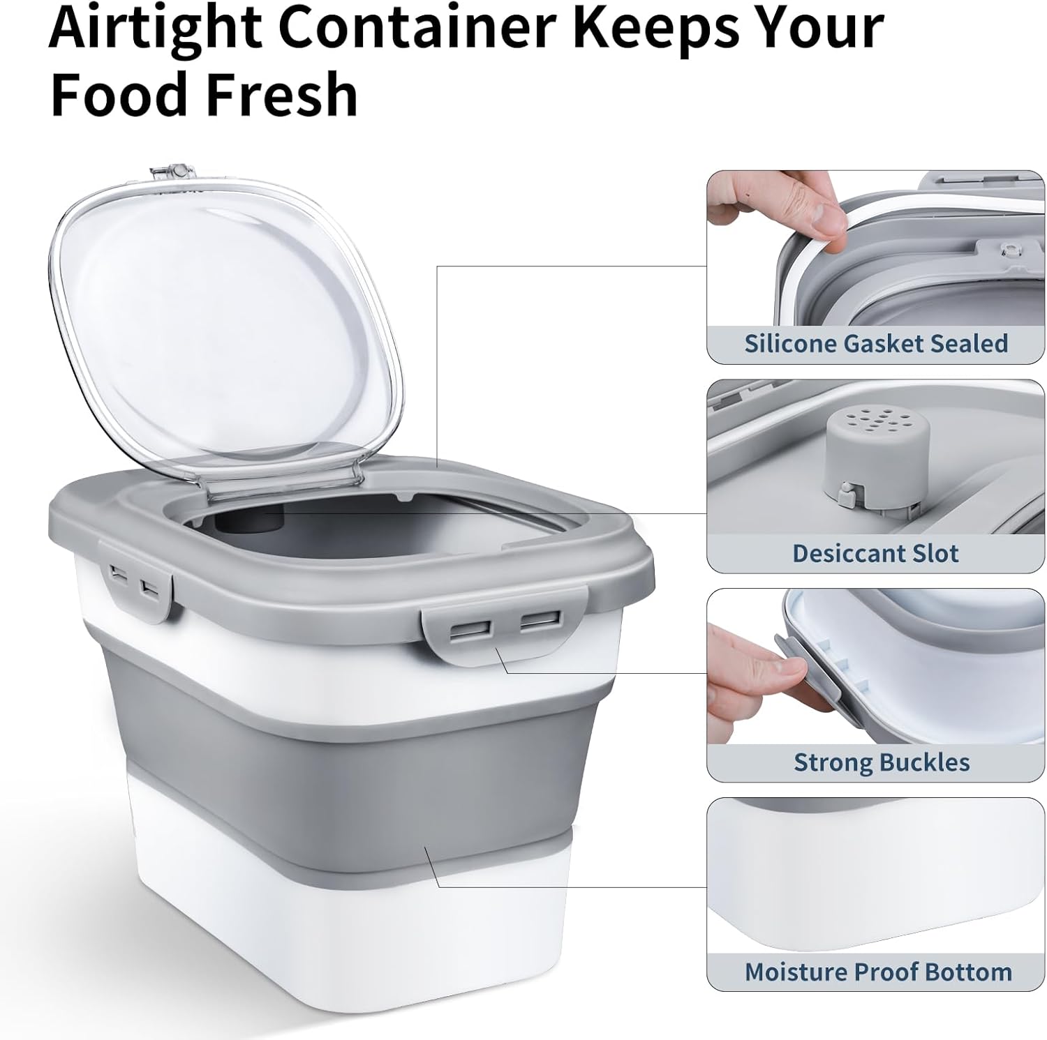 Rice Storage Container, Collapsible Airtight Food Storage Containers 6-20 Lbs, Rice Dispenser with Measuring Cup and Small Bin for Flour Cereal Pasta Grain, Cat Pet Dog Bird Food Container