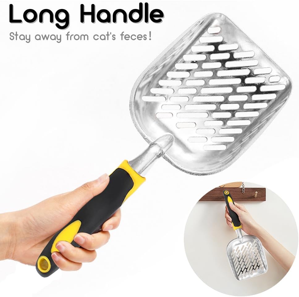 Cat Litter Scoop-Metal Cat Scooper-Long Handle Scoop,Cat Scooper-Poop Sifting-Mesh Shovel-Suitable for Cat Litter Box, (Yellow)