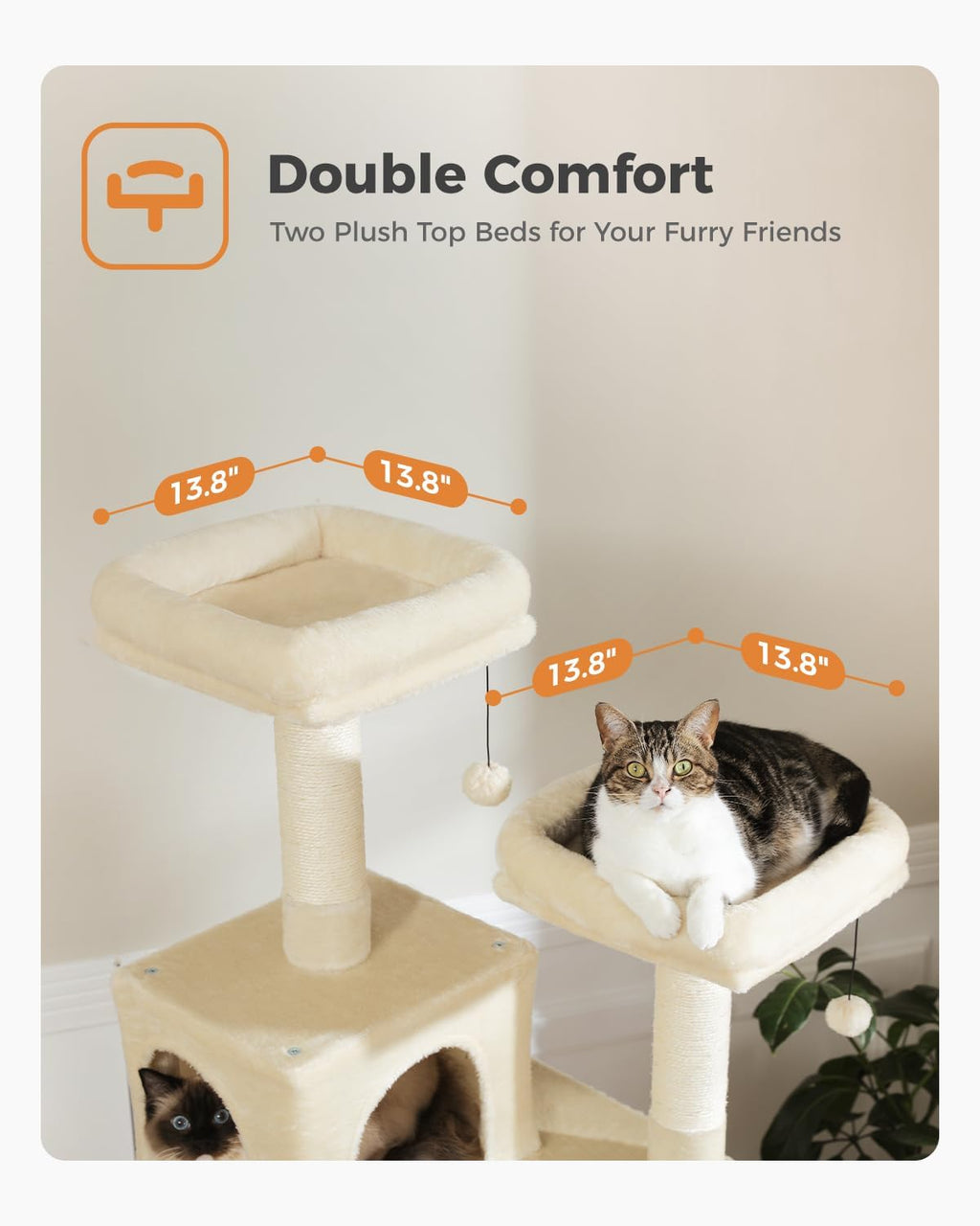 PAWZ Road 70 Inch Cat Tower, Tall Cat Tree with 2 Cozy Condos, 2 Plush Perch, Large Basket, 2 Scraching Pad & 6 Scraching Posts for Indoor Cats Large Adult, Beige