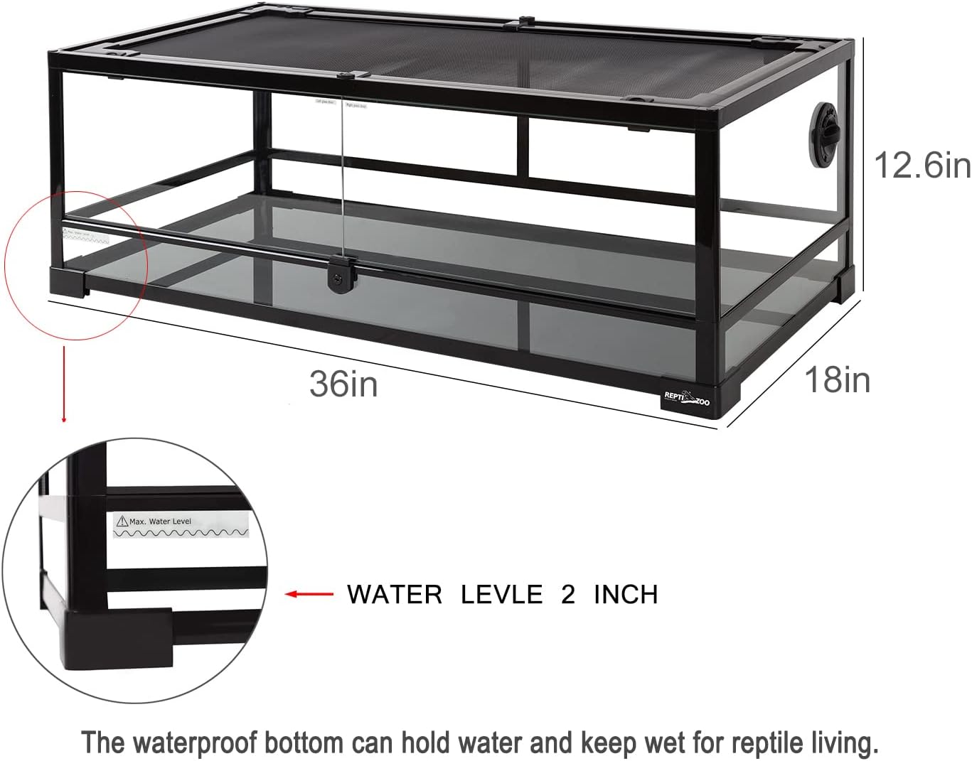 REPTI ZOO Full Glass 35 Gallon Reptile Tank, Front Opening Wide & Low Reptile Terrarium 36" x 18"x 12" for Lizard Gecko Tortoise Snake, Top Screen Ventilation & Anti Escape Lid