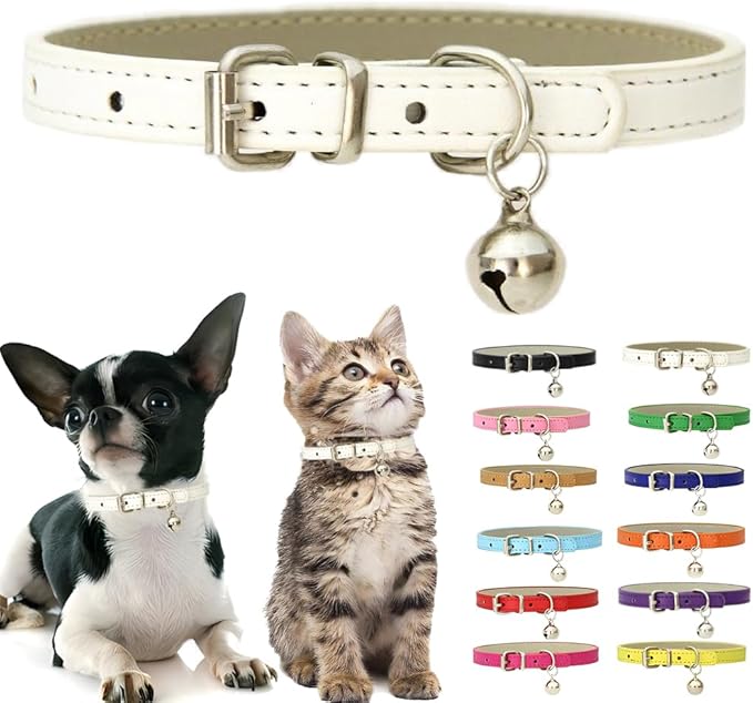 White Puppy Collar with Bell, Soft Pu Leather Cat Collars Adjustable Buckle by Weimostar
