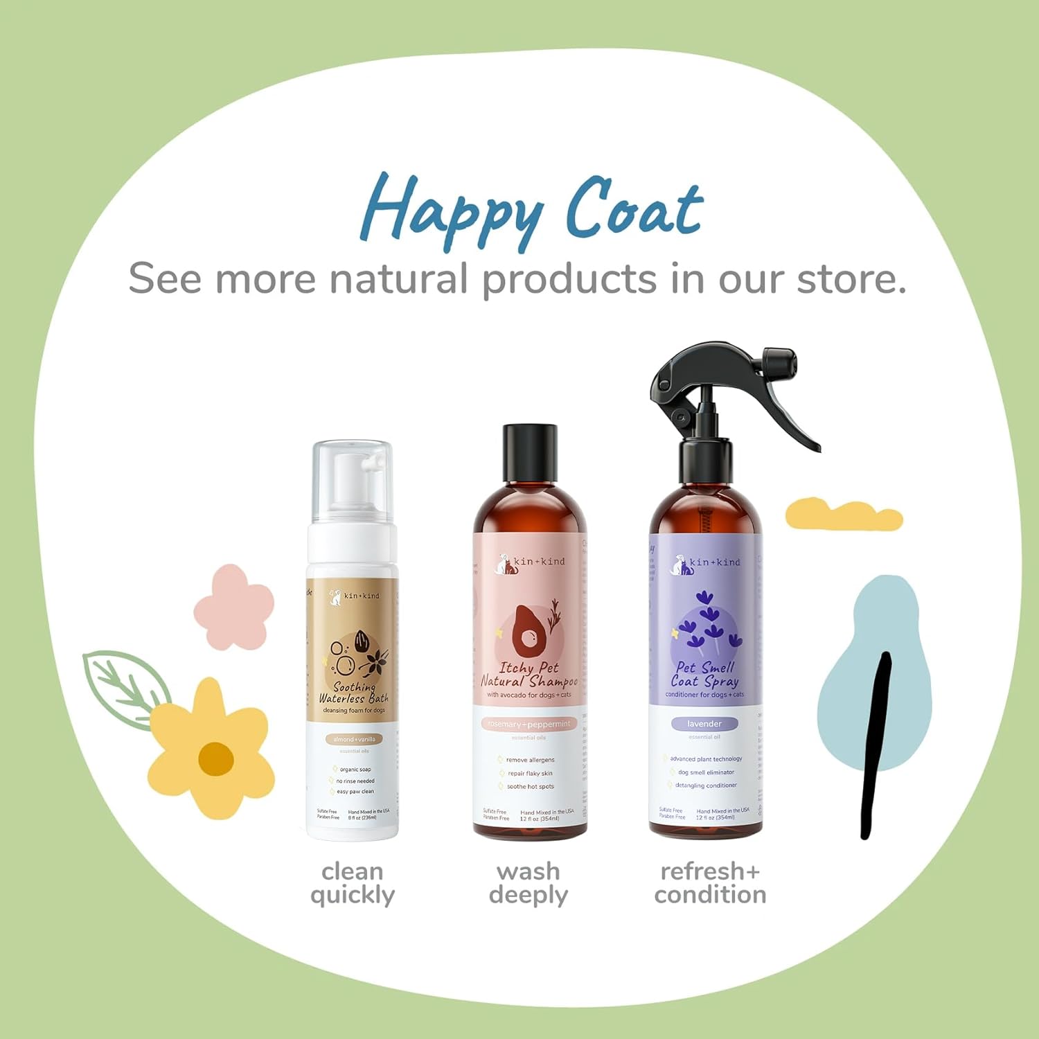 kin+Kind Dry Shampoo and Deodorizing Spray Bundle- Waterless Dog Shampoo & Pet Odor Eliminator Deodorizing Spray - Almond+Vanilla
