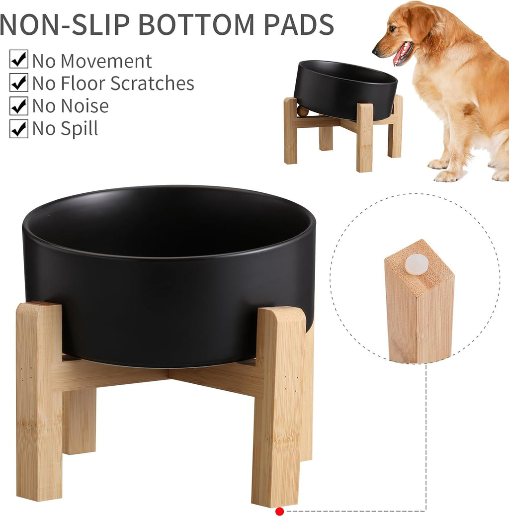 Black Elevated/Raised 15°Tilted Anti Slip Ceramic Dog Bowl for Medium & Large Breeds,Slanted Bulldog Big Face Pet Feeding Food Water Dish Stand for Dogs (7.6 Cups/60OZ)