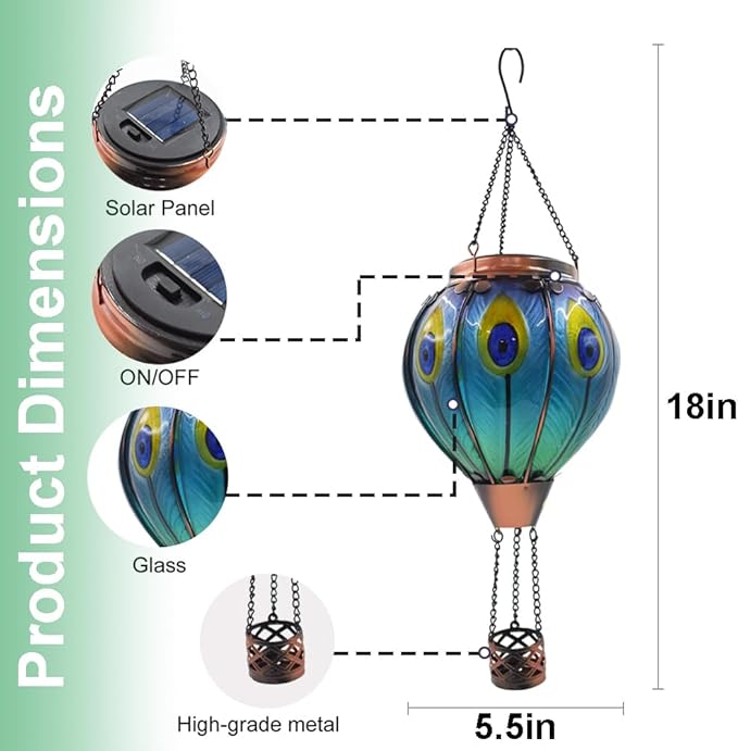 Solar Hot Air Balloon Lanterns with Flame with Shepherd's Hooks, Glass Hanging Flickering Lights Outdoor Waterproof for Garden Tree Yard Patio Mother's Day Gift, 18" H Peacock-Blue