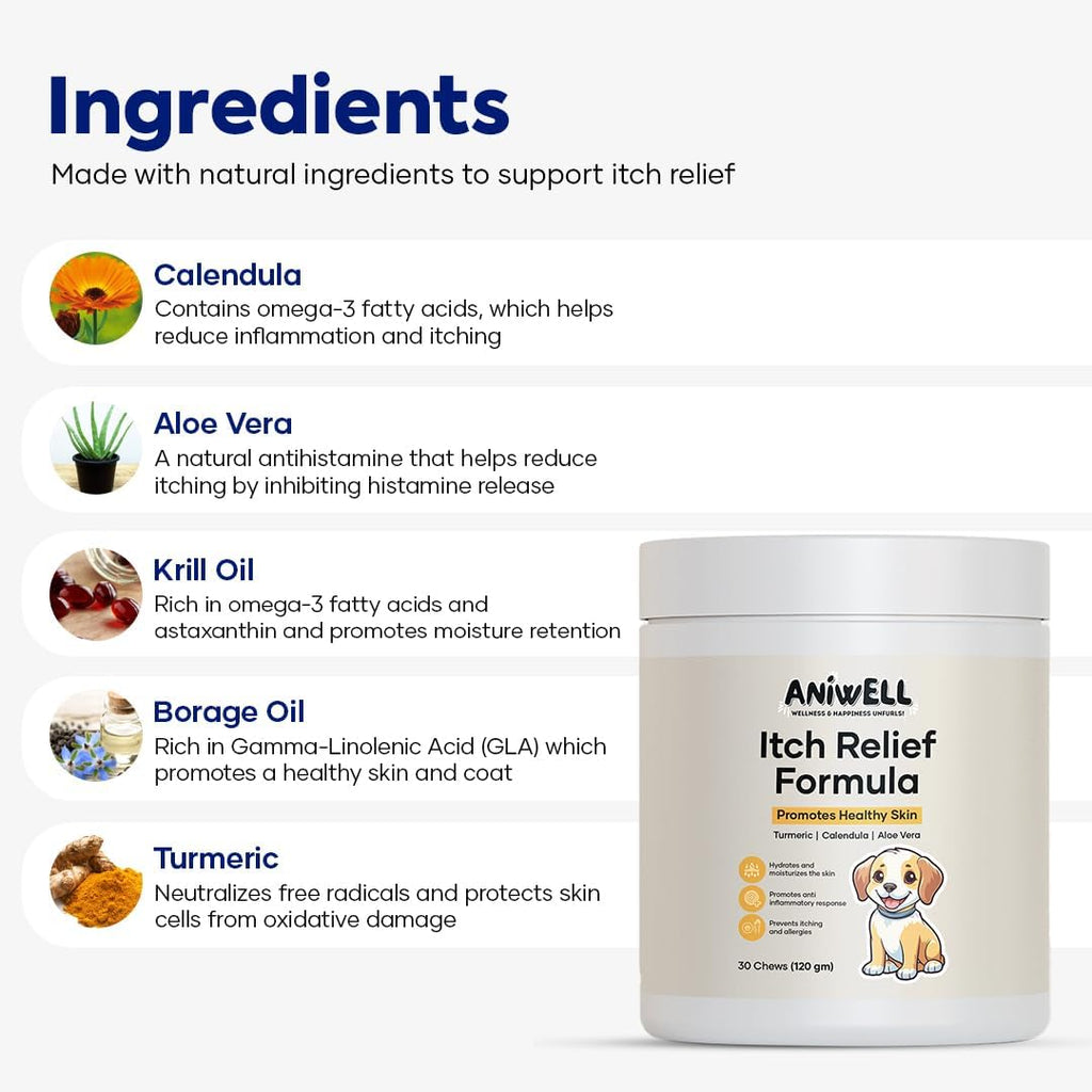Itch Relief Formula for Dogs – Vitamin E & Borage Oil Supplement – Packed with Beneficial Fatty Acids for Healthy Skin – Seasonal Allergies Support Chews | Pack of 3