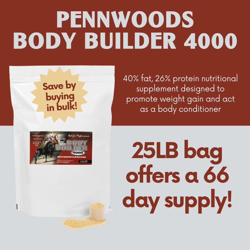 Body Builder 4000, Horse Weight Gain Supplement, High Fat and Energy Horse Weight Builder with Body Conditioning Horse Vitamins, Improves Hoof Quality - 25 LB Bag