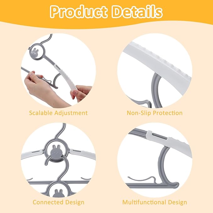 50 Pack Baby Hangers, Non-Slip Kids Hangers, 11"-14" Adjustable Infant Hanger, Space Saving Plastic Hanger for Girl Boy Toddler Kids Child (Grey)