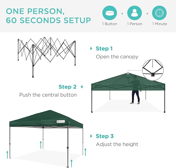 Best Choice Products 10x10ft 1-Person Setup Pop Up Canopy Tent Instant Portable Shelter w/ 1-Button Push, Case, 4 Weight Bags - Dark Green