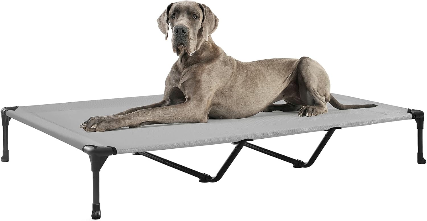 Veehoo XXL Outdoor Elevated Dog Cot Bed, Cooling Raised Pet Bed, Washable Breathable Mesh Hammock Bed with No-Slip Feet, Indestructible Ground Off Training Platform Cot-59"x37.5" Grey