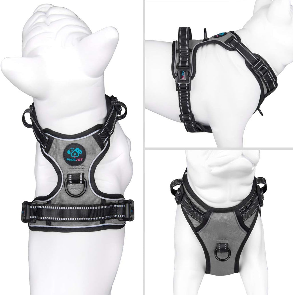 PHOEPET No Pull Dog Harness Reflective Adjustable with 2 Metal Leash Hooks and Soft Training Handle [Over The Head Design](S, Grey)