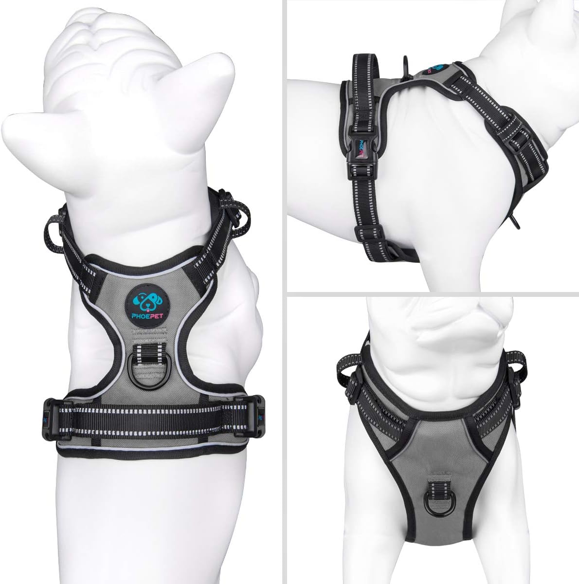 PHOEPET No Pull Dog Harness Reflective Adjustable with 2 Metal Leash Hooks and Soft Training Handle [Over The Head Design](S, Grey)
