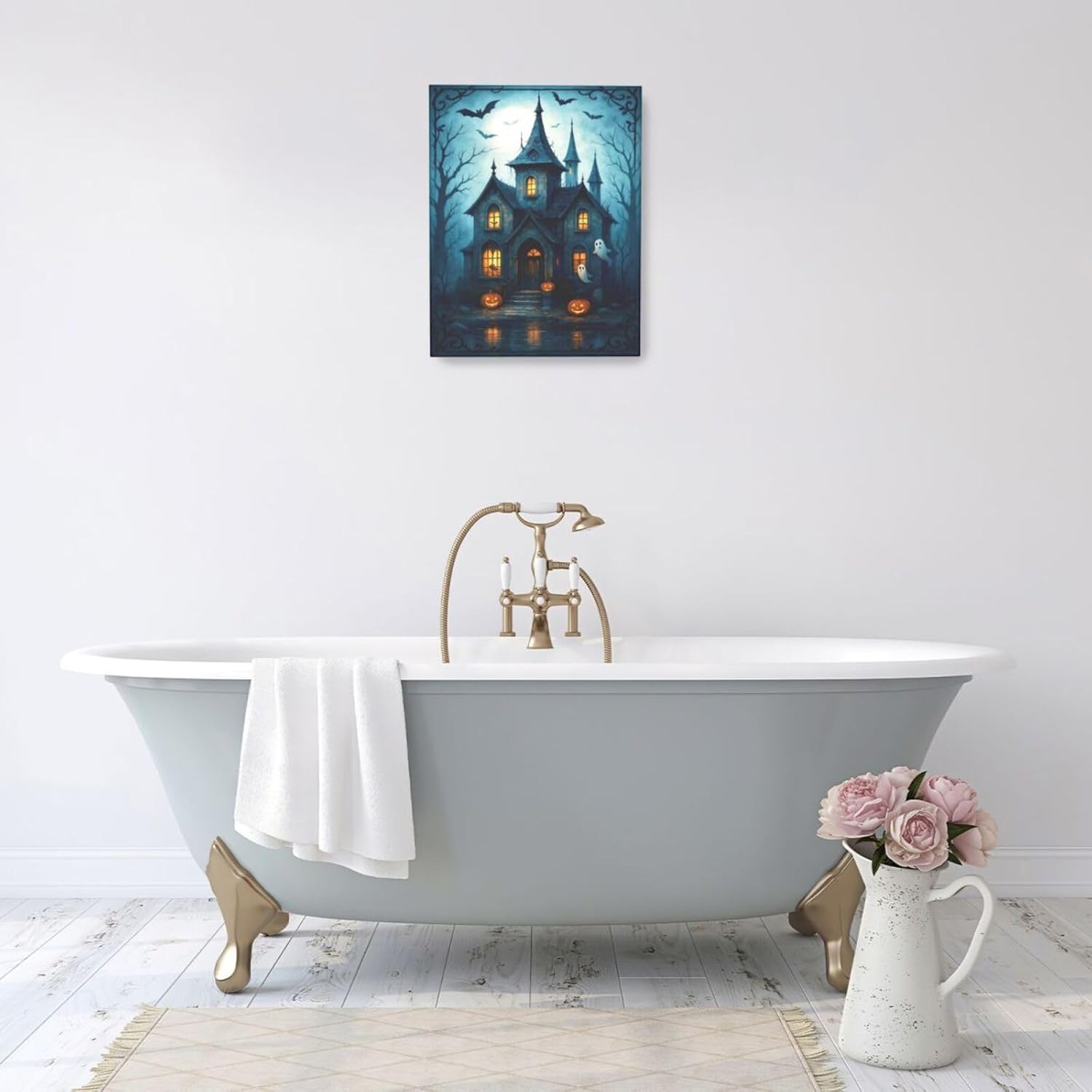 Halloween Gothic Wall Art Castle Pumpkin Ghost Bat Canvas Wall Decor Dark Academia Pictures Painting Print Framed Artwork Decorations Gifts for Halloween Living Room Bedroom Office 16"x20"
