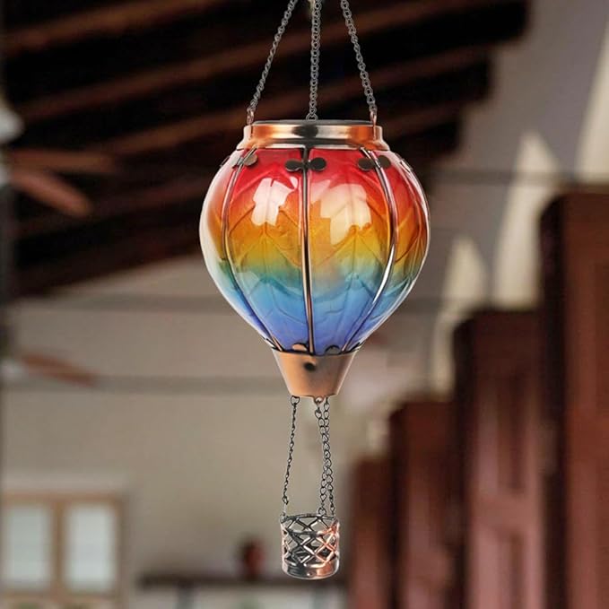 Hot Air Balloon Solar Lantern with Flickering Flame, Glass Hanging Garden Lights Outdoor Waterproof for Tree Yard Patio Mother's Day Gift, 18" H