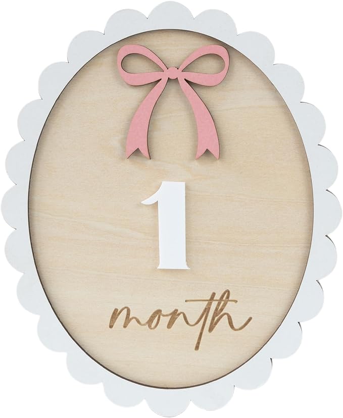 Baby Monthly Milestone Wooden Sign with Numbers and Stand – Natural Wood Milestone Board for Newborn Monthly Growth Photos – Cute 3D Flowers Photo Prop for Baby Milestone Memories (Light Pink Wooden)