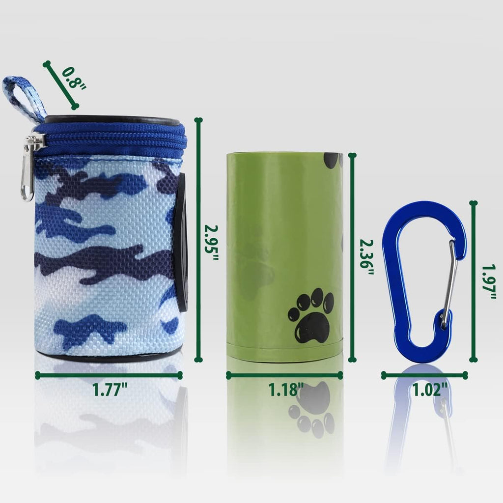 Dog Poop Bag Holder for Leash Doggie Waste Bag Dispenser Puppy Potty Carrier Small Doggy Zipper Pouch with Carabiner Clip 1680D Nylon Oxford with 1 Roll of Pet Trash Bags, Sky Blue Camo