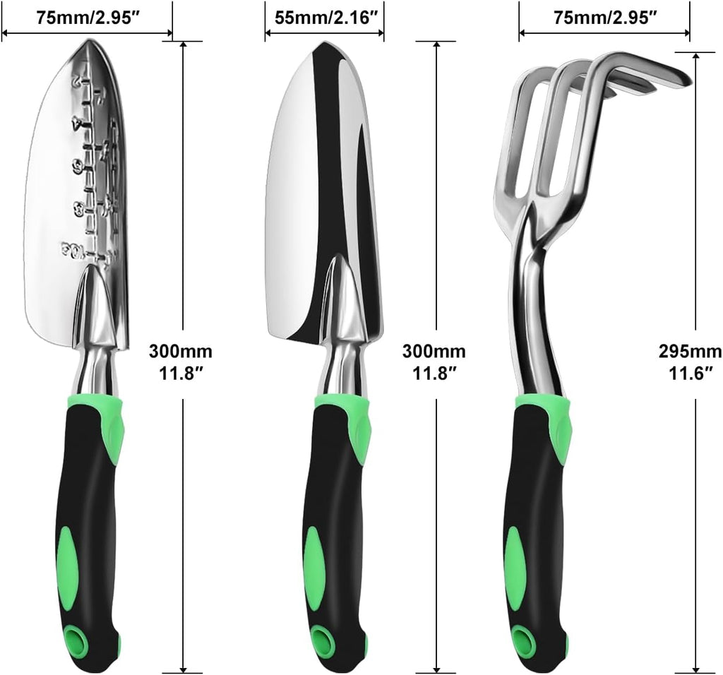 Garden Tool Set, 3 Pack Aluminum Heavy Duty Gardening Kit Includes Hand Trowel, Transplant Trowel and Cultivator Hand Rake with Soft Rubberized Non-Slip Ergonomic Handle, Garden Gifts
