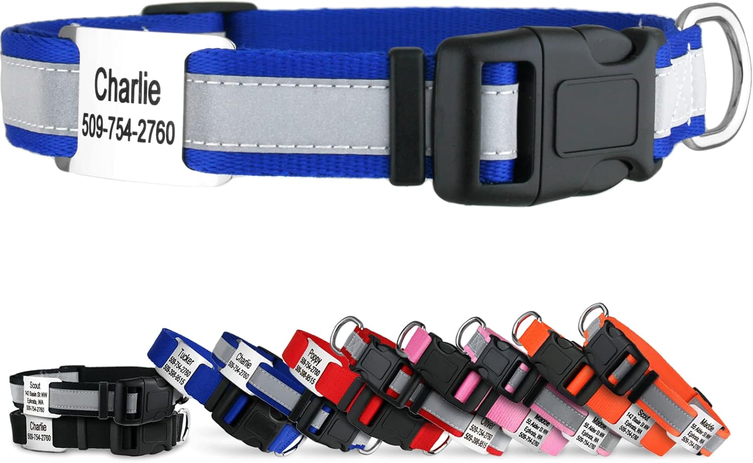 GoTags Reflective Personalized Dog Collar with Nameplate, Adjustable Dog Collar with Custom Engraved Steel Slide On Pet ID Tag, Silent, No Noise Dog Tag for Large Medium or Small (Blue, Medium)
