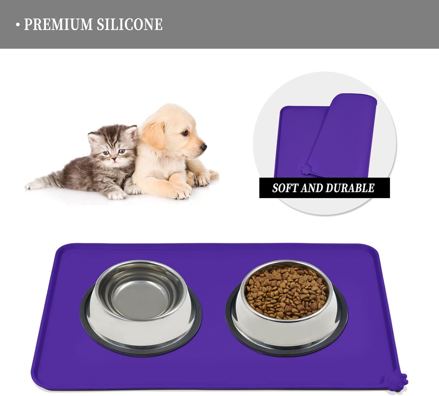 Waterproof Pet Feeding Mat with High Raised Edges, Heavier and Thicker Placemats for Cat Dog Water Bowl with BPA Free, Dogs Cats Food Mats for Messy Drinkers to Prevent Spill and Protect Floors