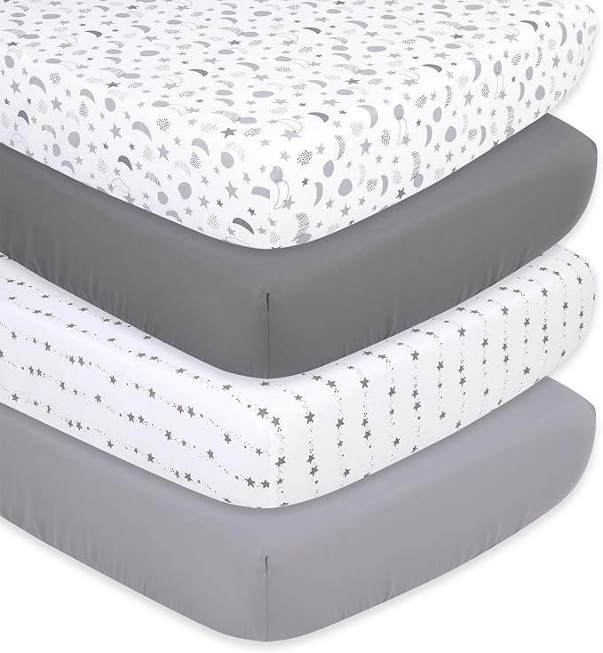 The Peanutshell 4-Pack Fitted Crib Sheet Set - Super Soft & Breathable Baby Girl or Boy Crib Sheets, Nursery Decor, Fit for Standard Mattress Cover- Celestial Moon & Stars