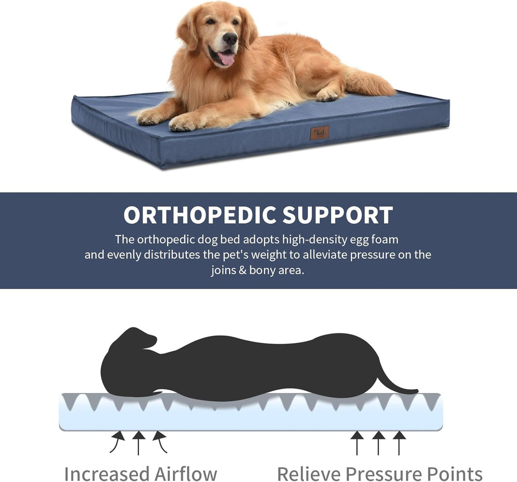 Large Outdoor All Weather Dog Bed, Waterproof Dog Bed for Large Dogs, Orthopedic Egg Foam Pet Bed with Washable and Removable Oxford Cooling Cover, Navy