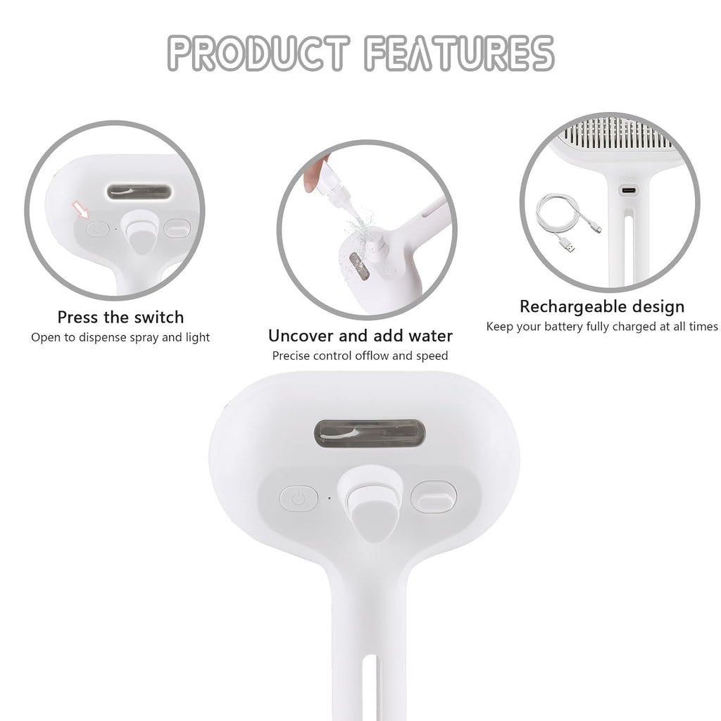 Spray Cat Pet Grooming Brush with Water Sprayer - Hair Removal Comb for Cats and Dogs, White Shedding and Bath Brush with Steam Release