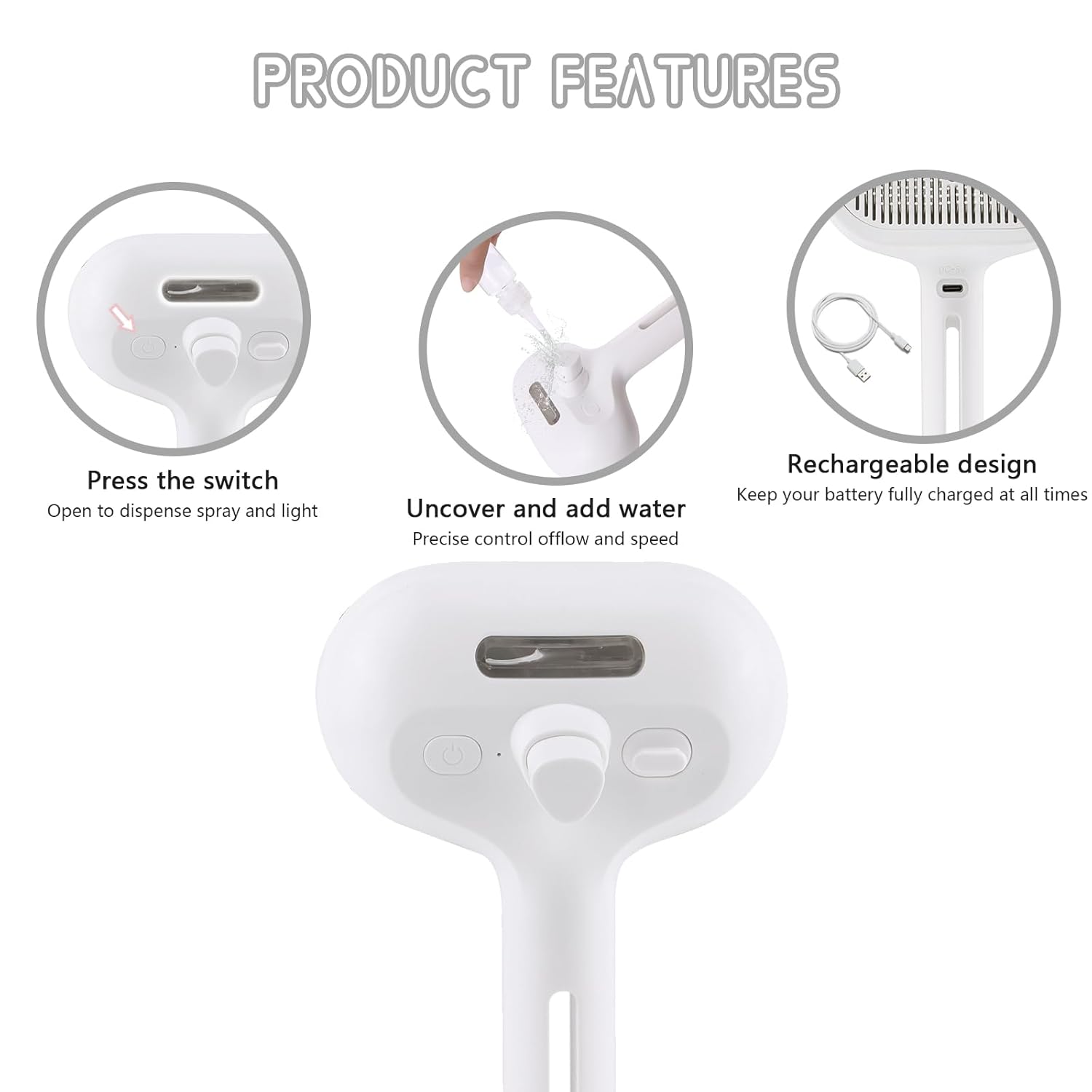 Spray Cat Pet Grooming Brush with Water Sprayer - Hair Removal Comb for Cats and Dogs, White Shedding and Bath Brush with Steam Release