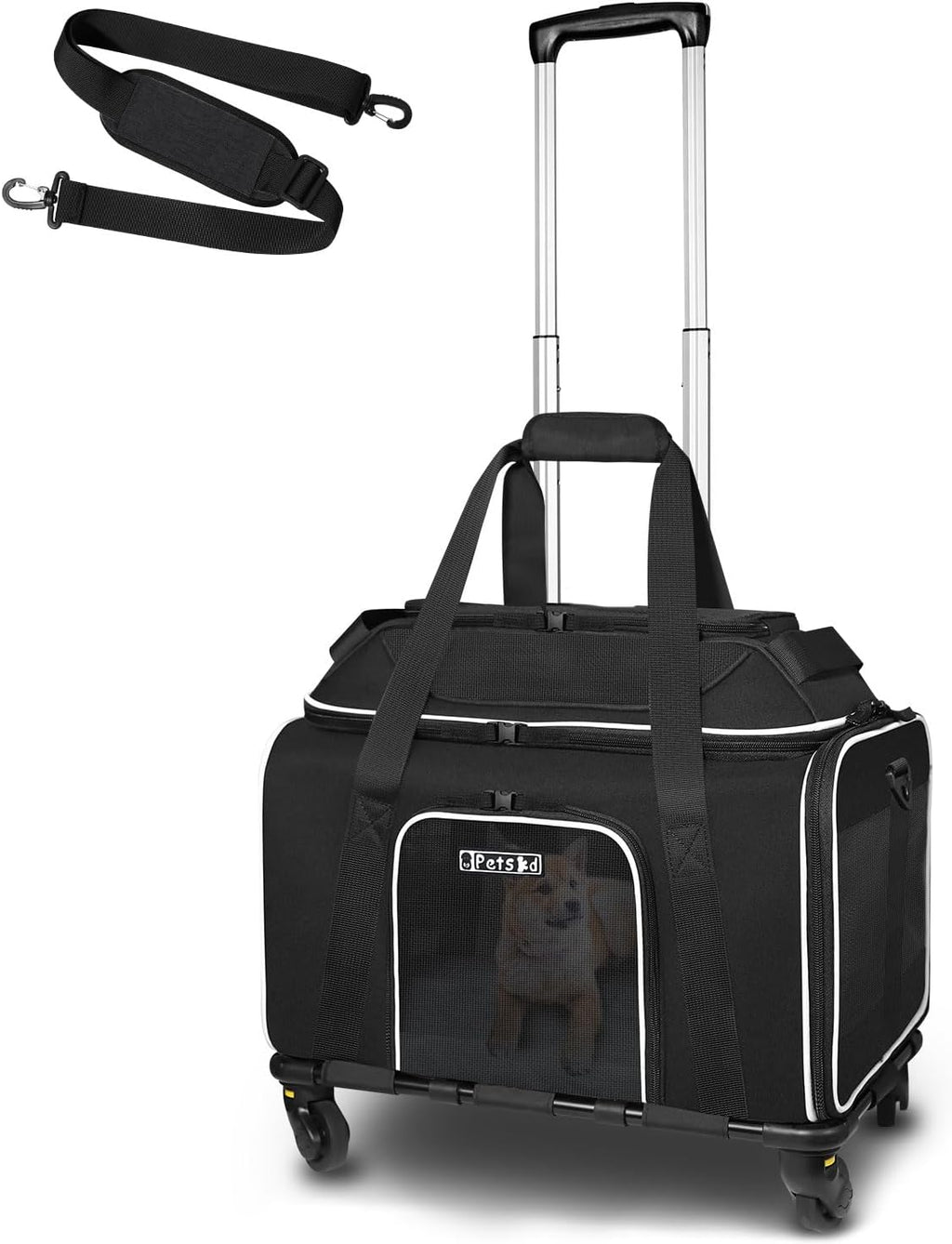 Petskd Top-Expandable Pet Carrier with Wheels 17x11x9.5 Inches Alaska Airline Approved, Soft-Sided Carrier for Small Cats Dogs with Locking Safety Zippers and Anti-Scratch Mesh(Black)