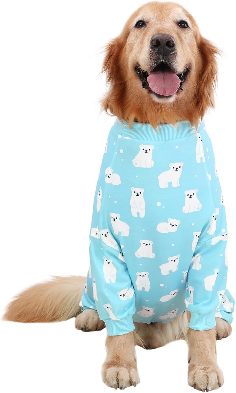 HDE Dog Pajamas One Piece Jammies Jumpsuit Pet Clothes Outfit Stretchy Lightweight Comfy Shirt Pjs for M-3XL Dogs Sleepy Polar Bears - 3XL