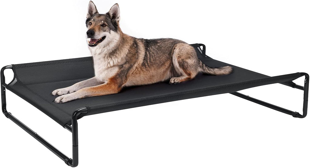 Veehoo Original Outdoor Elevated Dog Bed, Cooling Raised Dog Cot for Large Dogs, Portable Standing Pet Hammock Platform with Washable Breathable Mesh, No-Slip Feet, 47" x 32", Black