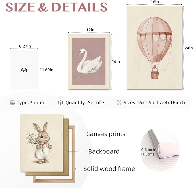 kilamino Pink Baby Girl Nursery Wall Art, Neutral Cute Rabbit and Swan Wall Decor, Vintage Hot Air Balloon Poster Prints, Pastel Bunny Animals Canvas Paintings for Baby Room Playroom Framed 12"x16"x3