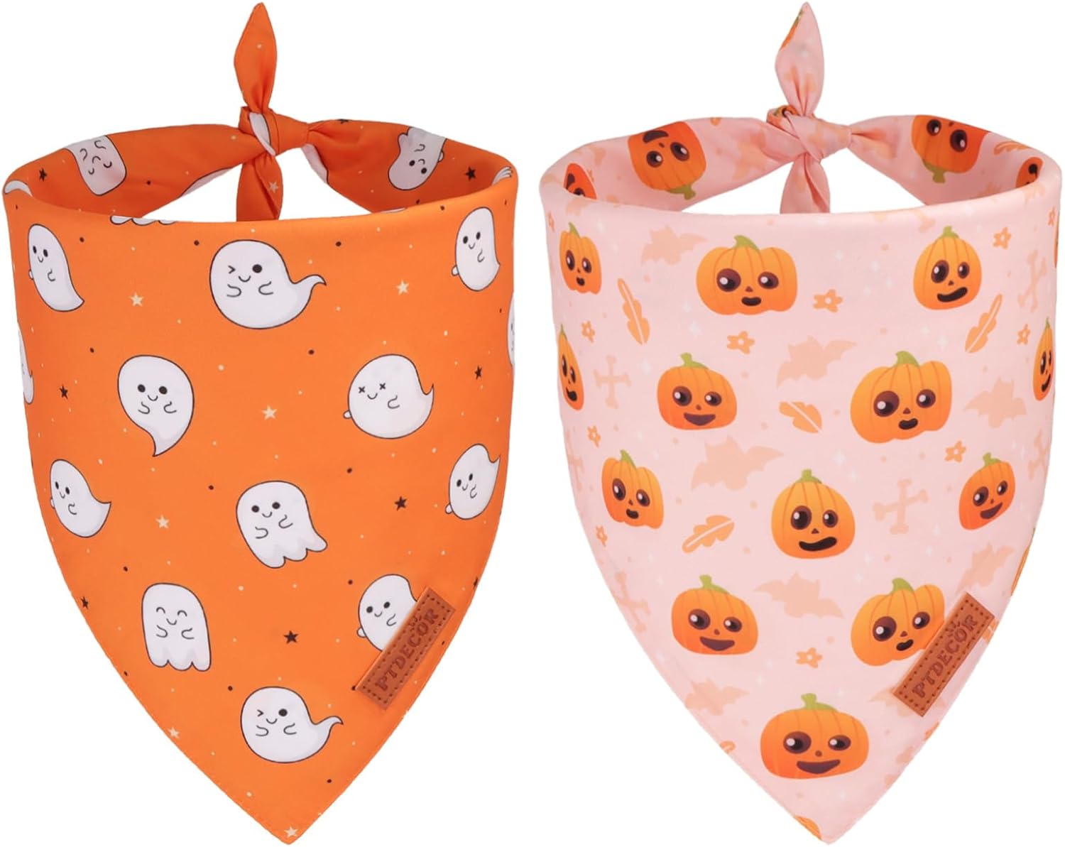 PTDECOR Halloween Dog Bandana, Cute Ghost Pumpkin Design Reversible Holiday Pet Scarf, Adjustable Orange Yellow Halloween Bandanas for Medium Large Dogs Pets (Large)