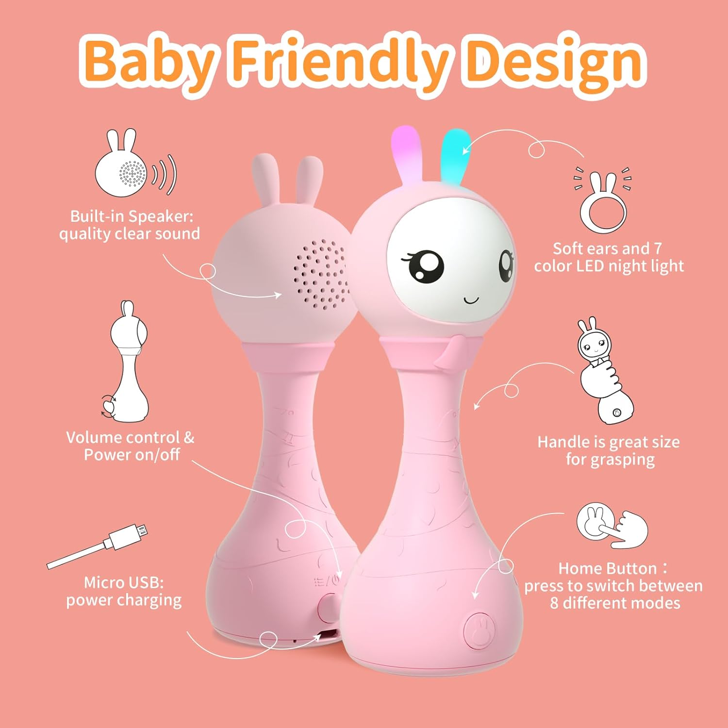 alilo Yoyo Talking Bunny Baby Musical Light-Up Rattle Toys 0-6-12-18 Months, Voice Mimicking Toy, Preloaded 90+ Audio Content, ABC/Number/Notes Learning Toys for Baby Infant Newborn Boy Girl Gifts